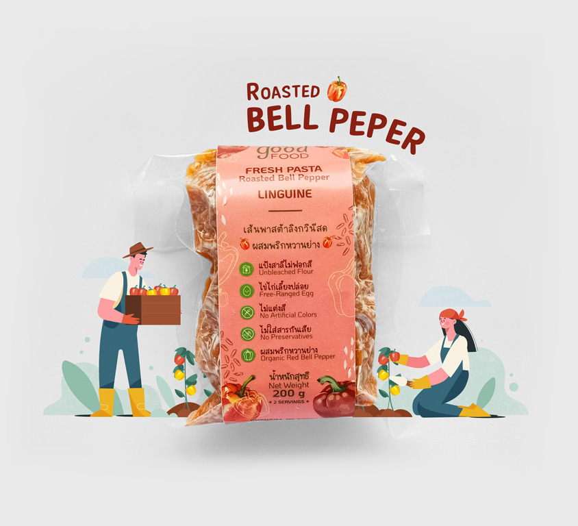 Roasted Bell Pepper Linguine Pasta in the packaging เส้นพาสต้าลิงกวินีสดผสมพริกหวานย่างในบรรจุภัณฑ์