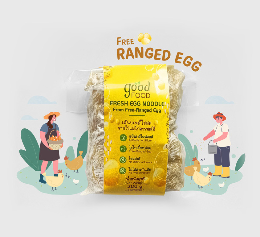 Free-ranged Egg Noodle in the packaging เส้นบะหมี่ไข่สดจากไข่แม่ไก่อารมณ์ดีในบรรจุภัณฑ์