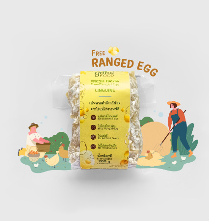 Free-ranged Egg Linguine Pasta in the packaging เส้นพาสต้าลิงกวินีสดจากไข่แม่ไก่อารมณ์ดีในบรรจุภัณฑ์